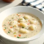 Bowl of homemade Olive Garden chicken gnocchi soup garnished with herbs