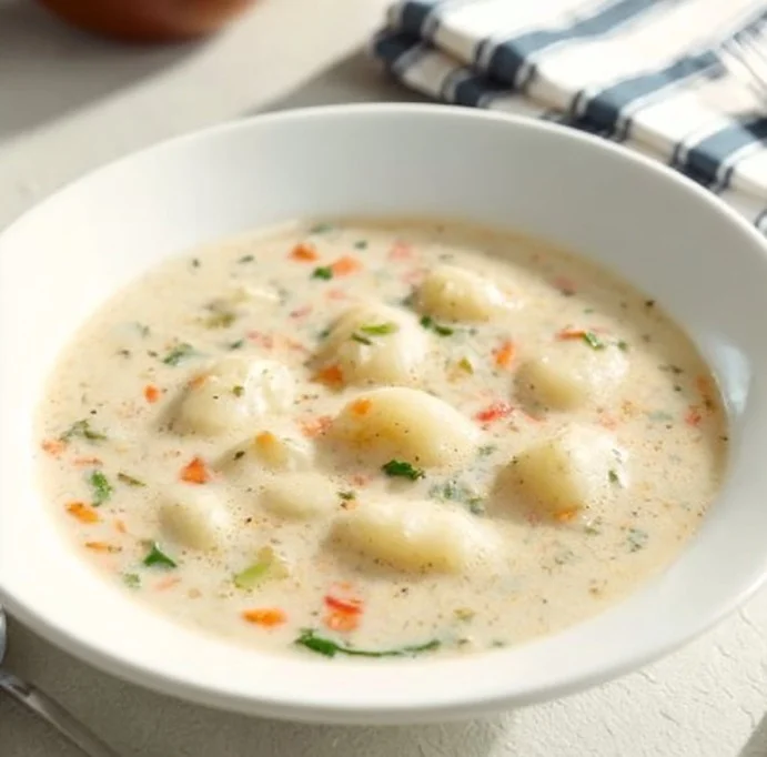 Bowl of homemade Olive Garden chicken gnocchi soup garnished with herbs