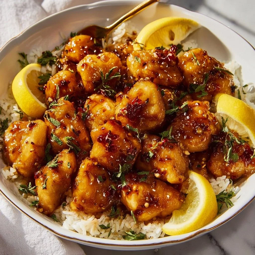 Honey Garlic Chicken Bites with a glossy glaze on a platter