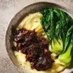 Delicious honey garlic short rib with cauliflower mash and sautéed bok choy