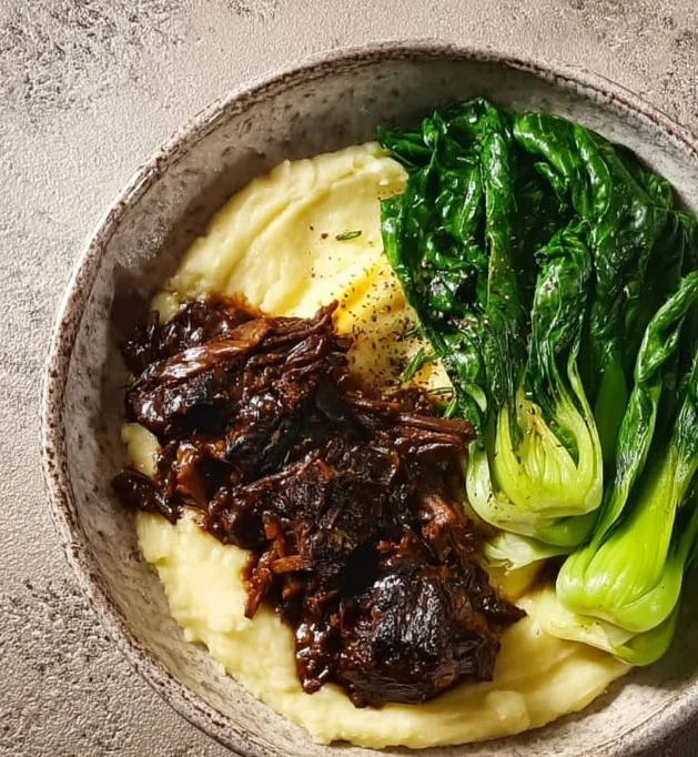 Delicious honey garlic short rib with cauliflower mash and sautéed bok choy
