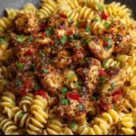 Delicious Honey Pepper Chicken Pasta garnished with herbs and spices