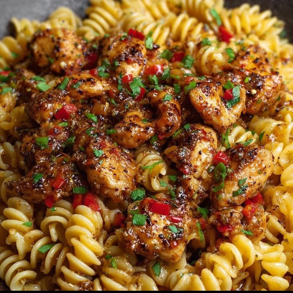 Delicious Honey Pepper Chicken Pasta garnished with herbs and spices