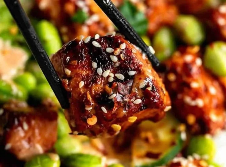 Healthy Honey Sriracha Salmon Bowl with vibrant vegetables and rice