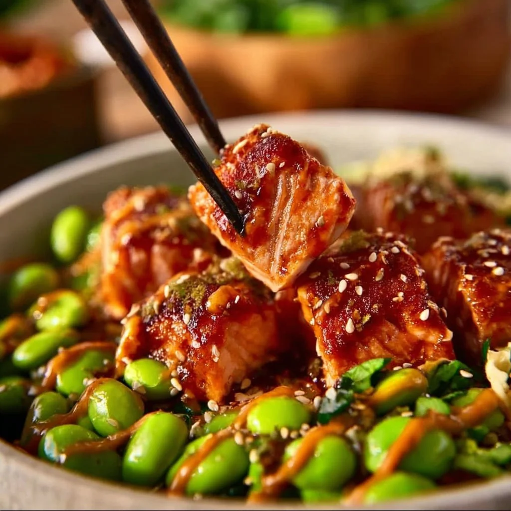Honey Sriracha Salmon bowl garnished with fresh vegetables and rice