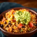 Instant Pot Cheesy Taco Rice recipe with melted cheese and spices.