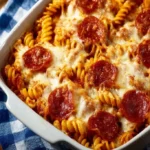 Delicious Instant Pot Pizza Pasta Casserole ready to serve in a colorful dish.
