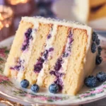 Lemon Blueberry Cake topped with blueberries and lemon zest on a white plate