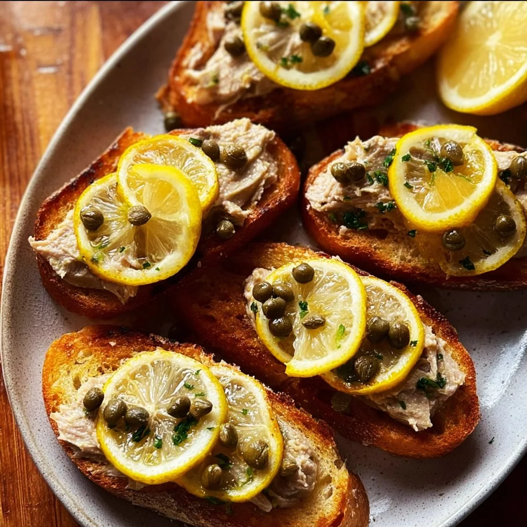 Lemon Caper Sardines Pate served on crostini with fresh herbs and lemon slices