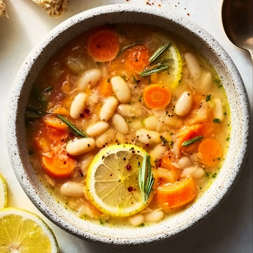 Bowl of Lemon Rosemary White Bean Soup garnished with fresh herbs