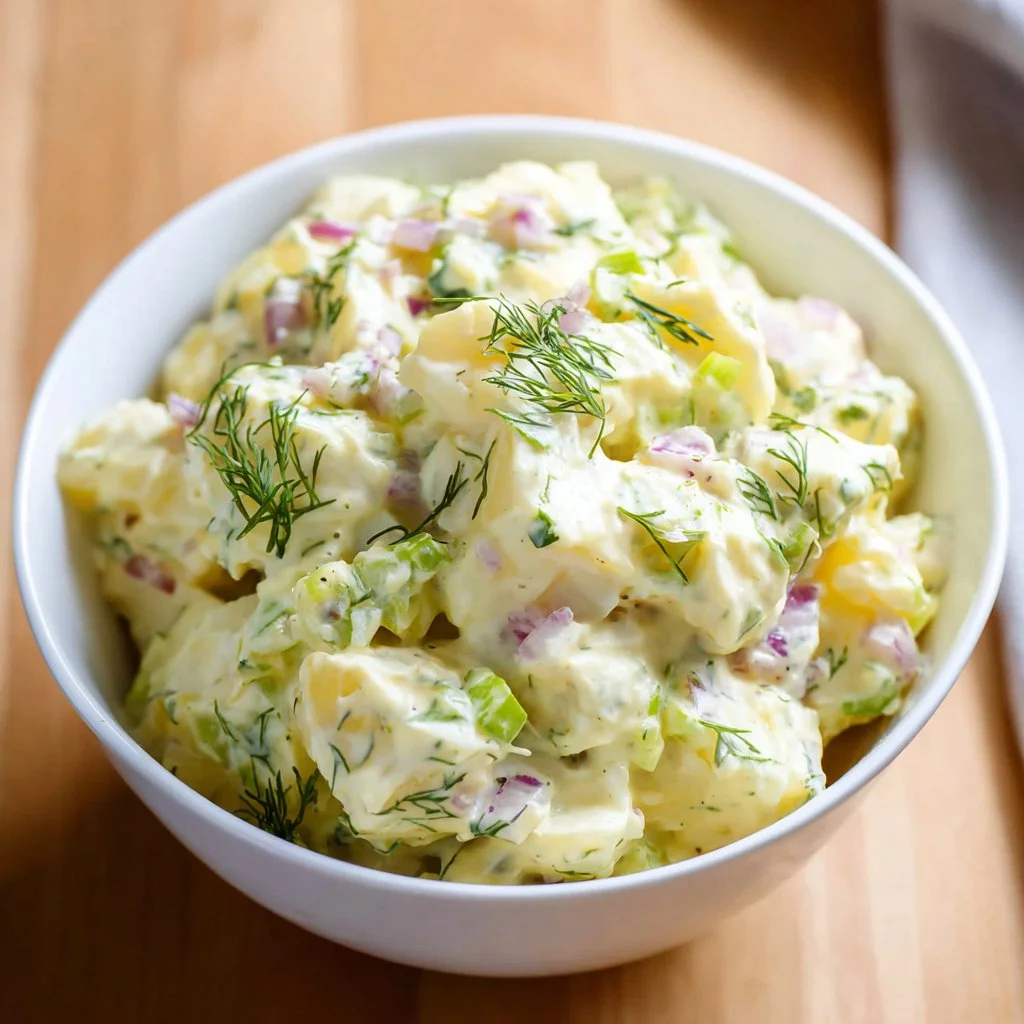 Loaded egg salad with pickles served in a bowl