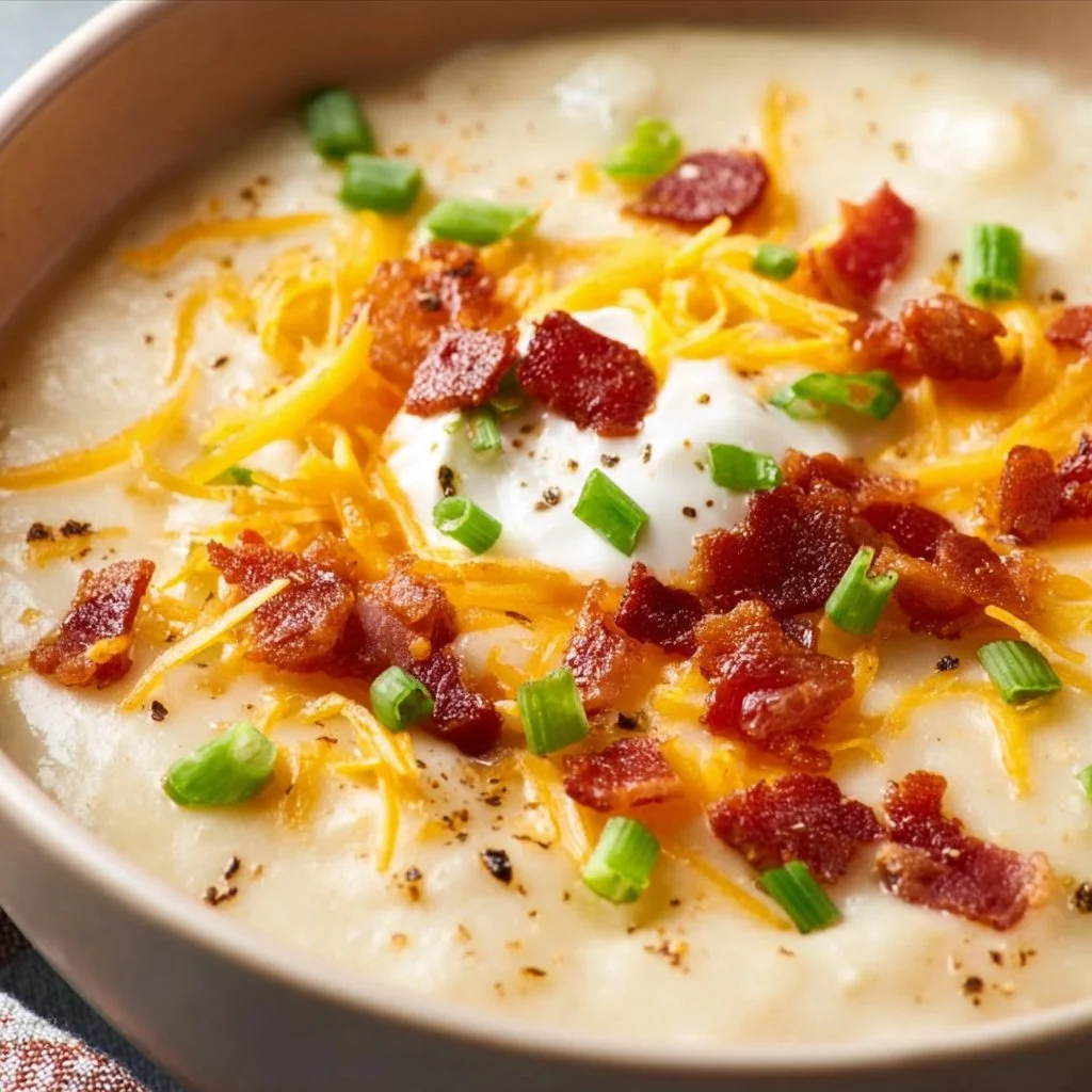 Bowl of creamy loaded potato soup topped with cheese and green onions