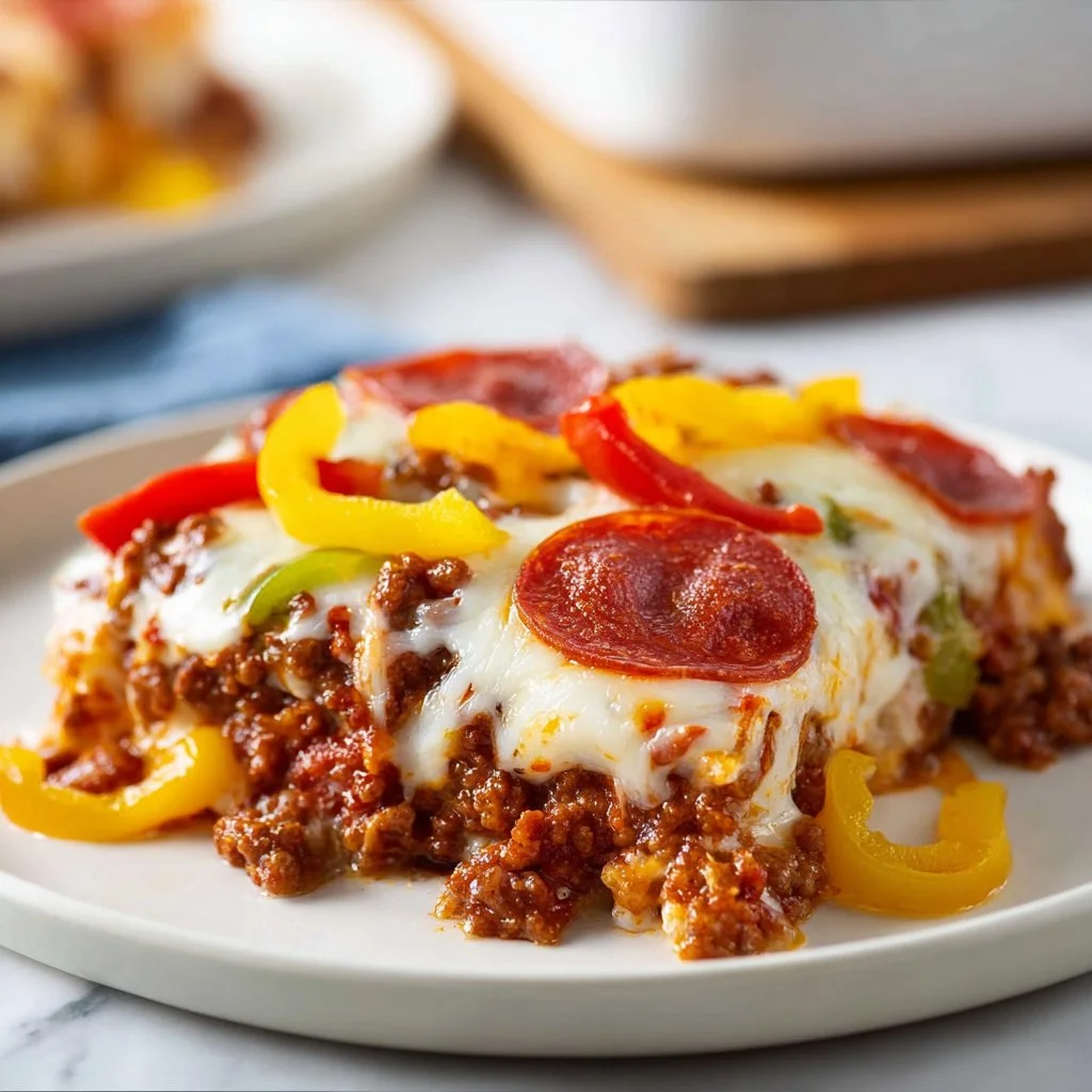 Delicious low carb pizza casserole served in a baking dish with melted cheese