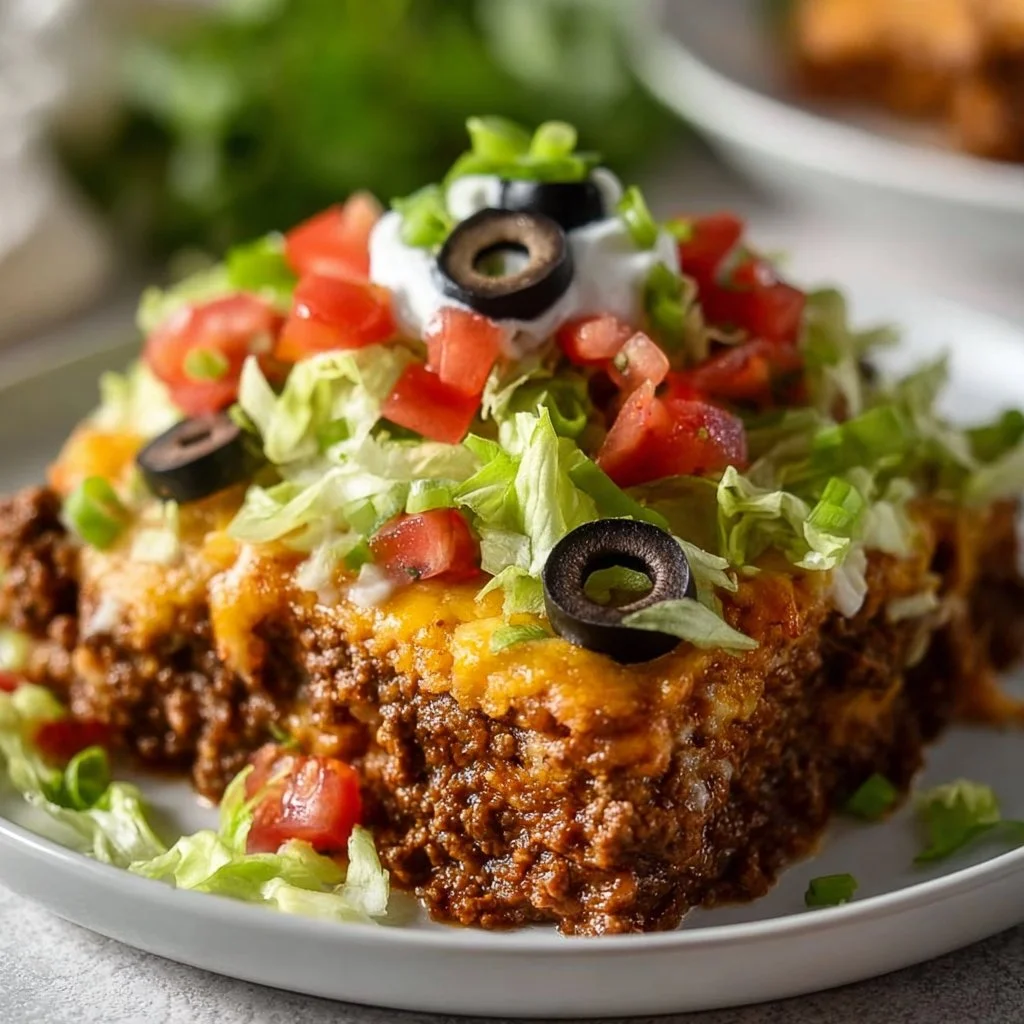 Low Carb Taco Casserole topped with cheese and fresh ingredients in a baking dish.