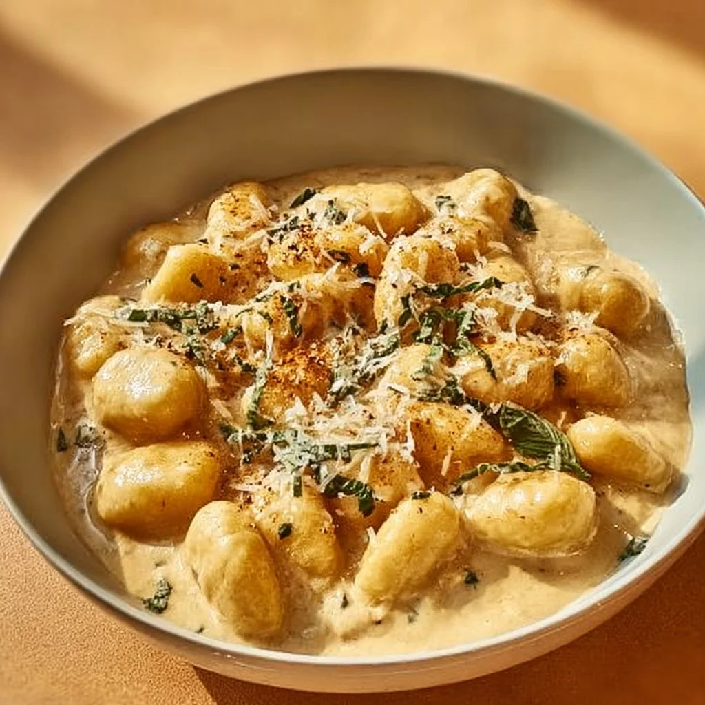 Delicious serving of Millionaire Gnocchi topped with creamy sauce and herbs