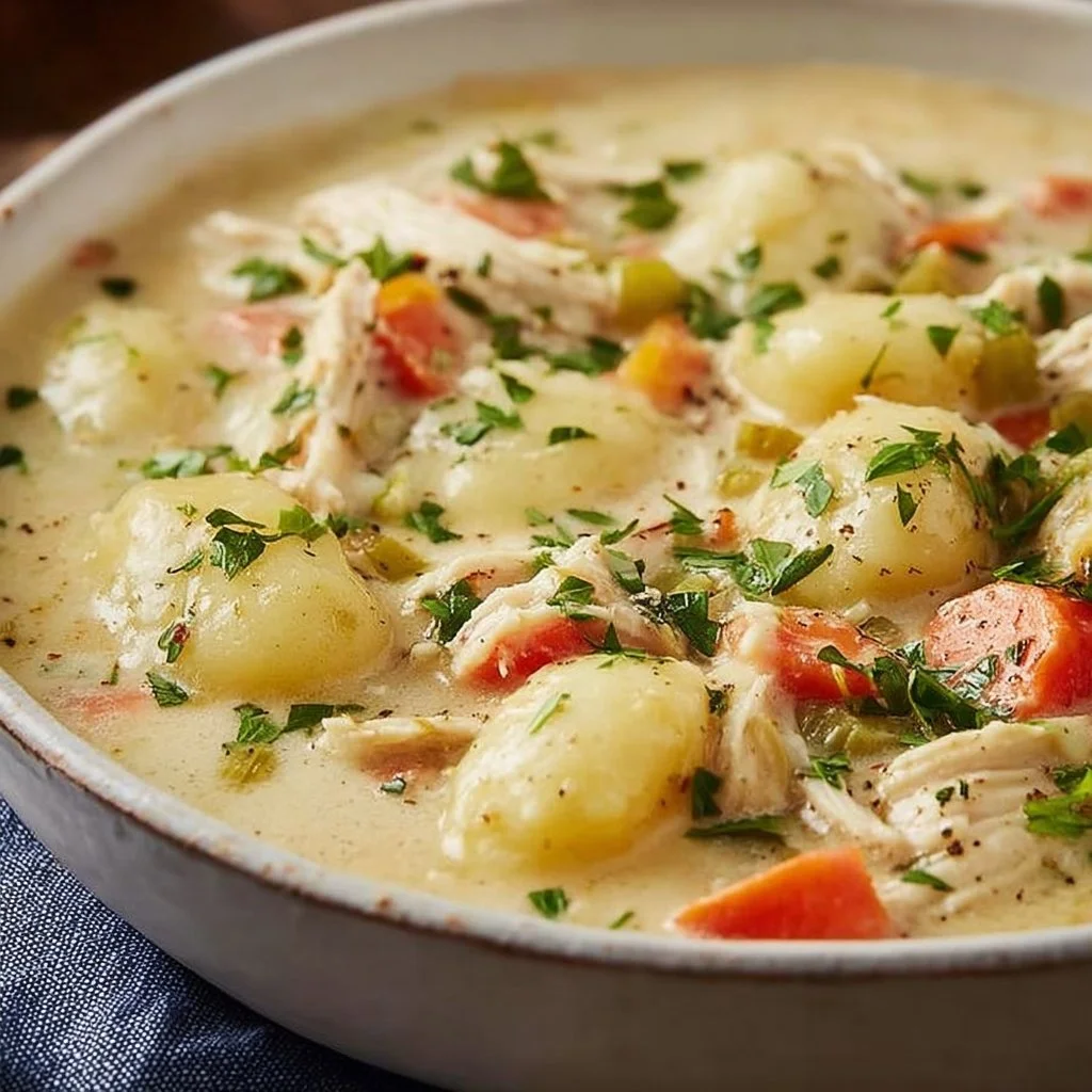 Bowl of Olive Garden Chicken Gnocchi Soup with chicken, gnocchi, and herbs.