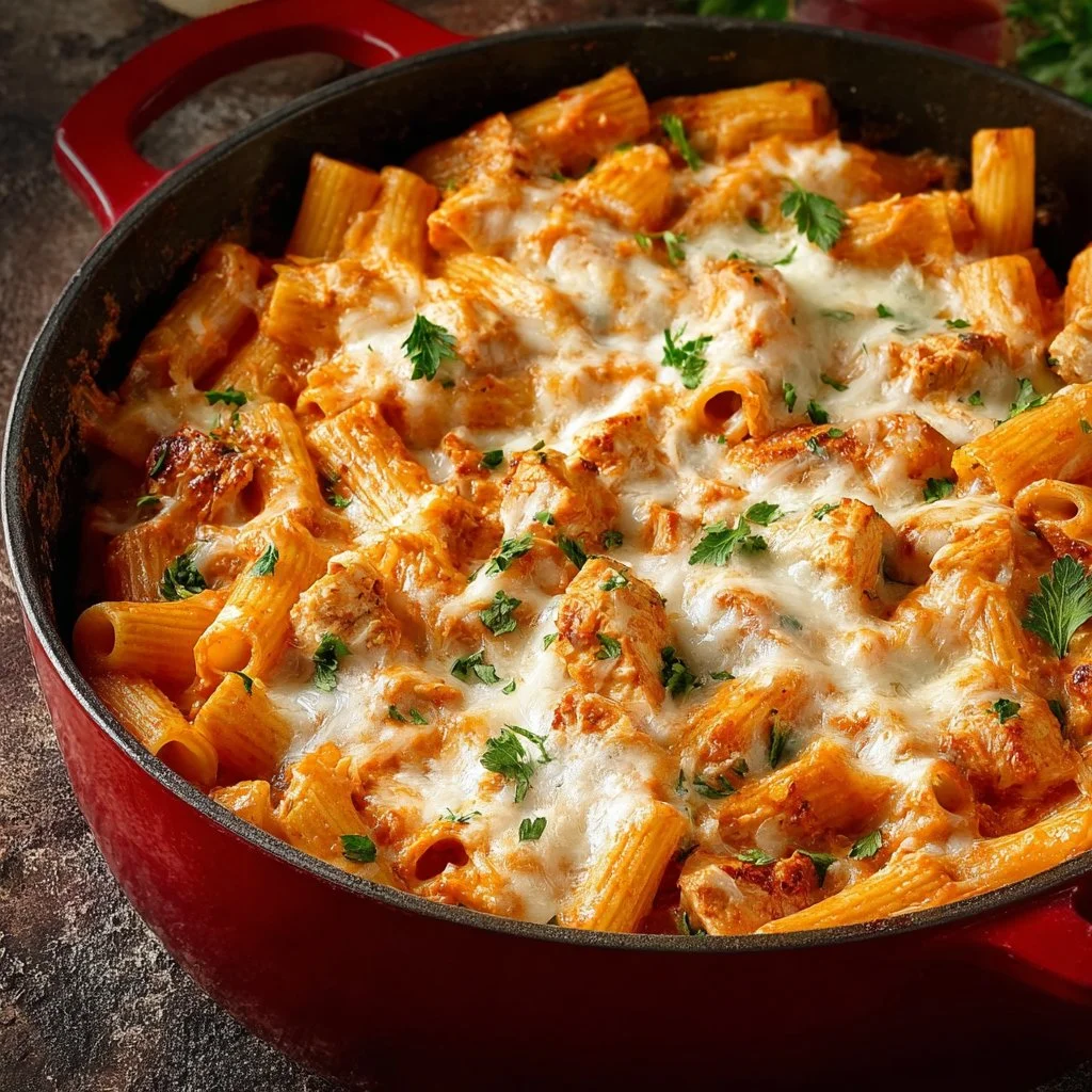 One Pot Chicken Parmesan Pasta served in a bowl with cheese and herbs