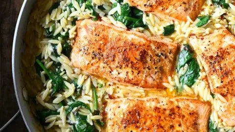 One Skillet Salmon with Lemon Orzo