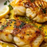 Pan fried cod fillet served with lemon butter sauce on a plate