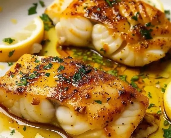 Pan fried cod fillet served with lemon butter sauce on a plate