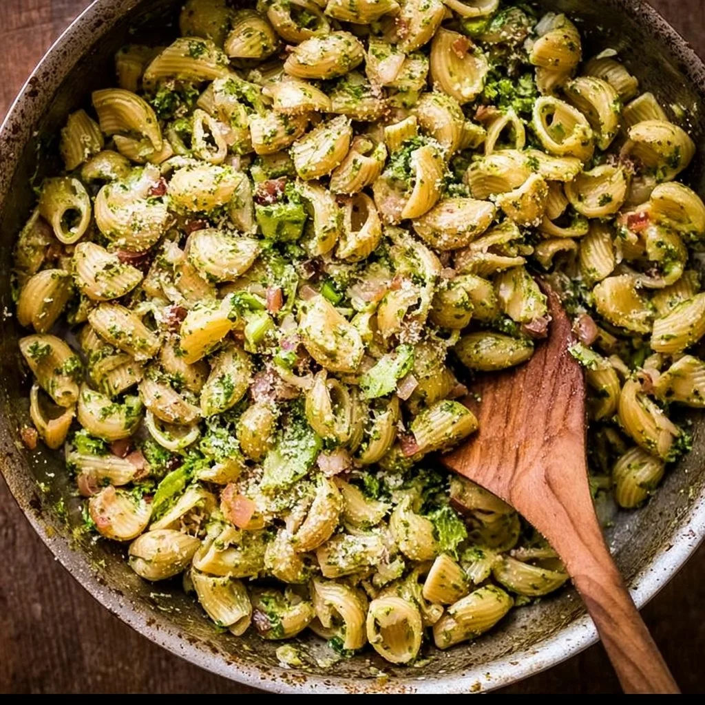 A bowl of vibrant pesto pasta with fresh ingredients and herbs