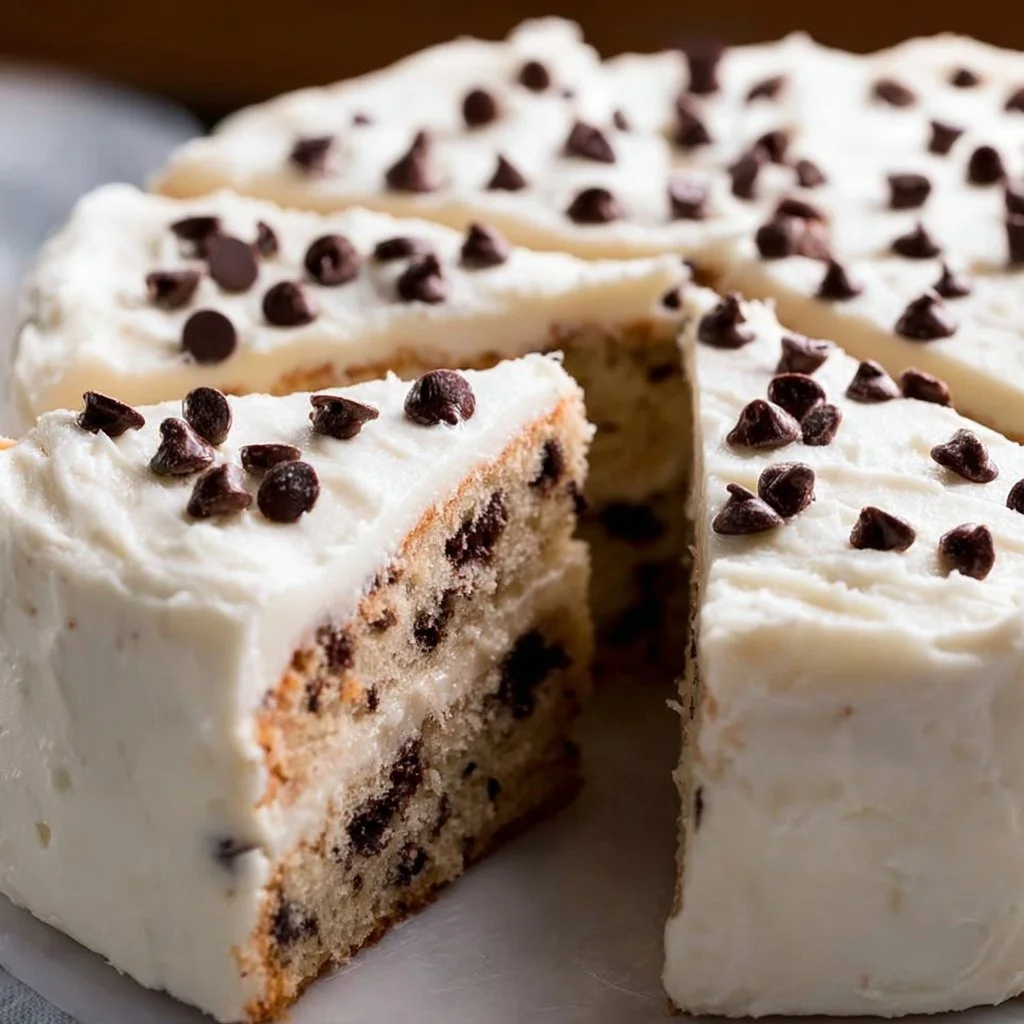 Delicious homemade Chocolate Chip Cake with chocolate chips and frosting