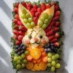 Beautiful Easter party food display with snacks and centerpieces for celebration