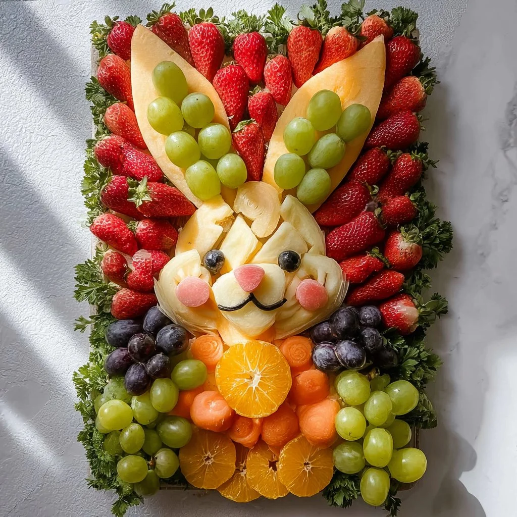 Beautiful Easter party food display with snacks and centerpieces for celebration