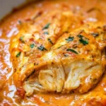 Quick tilapia filet in roasted pepper sauce served in a bowl.