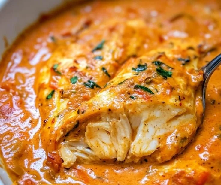Quick tilapia filet in roasted pepper sauce served in a bowl.