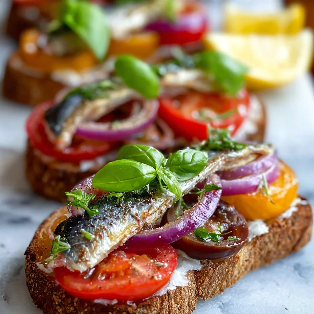 A plate of sardines on toast garnished with fresh herbs and lemon.