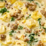 Bowl of delicious Sausage Tortellini Soup with fresh herbs.