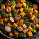 Sheet pan sausage with sweet potatoes drizzled in honey garlic sauce