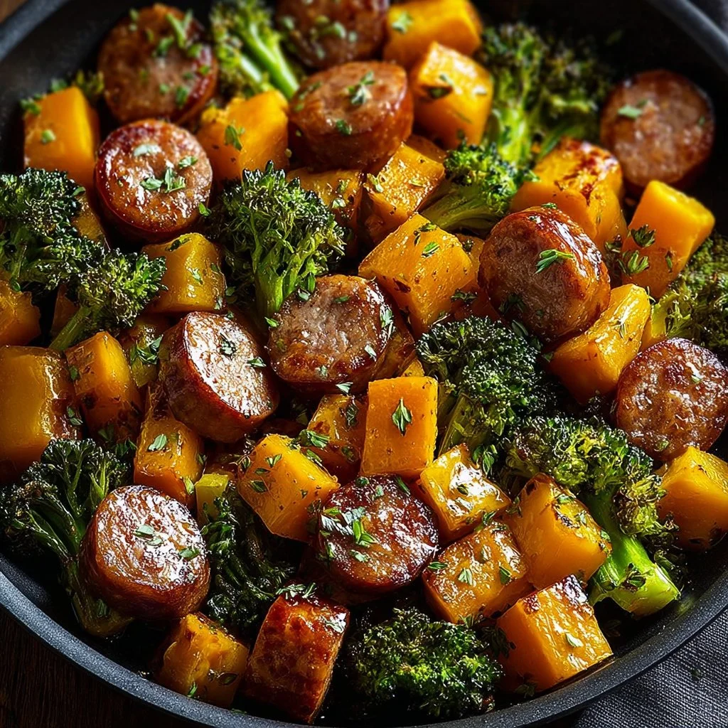 Sheet pan sausage with sweet potatoes drizzled in honey garlic sauce