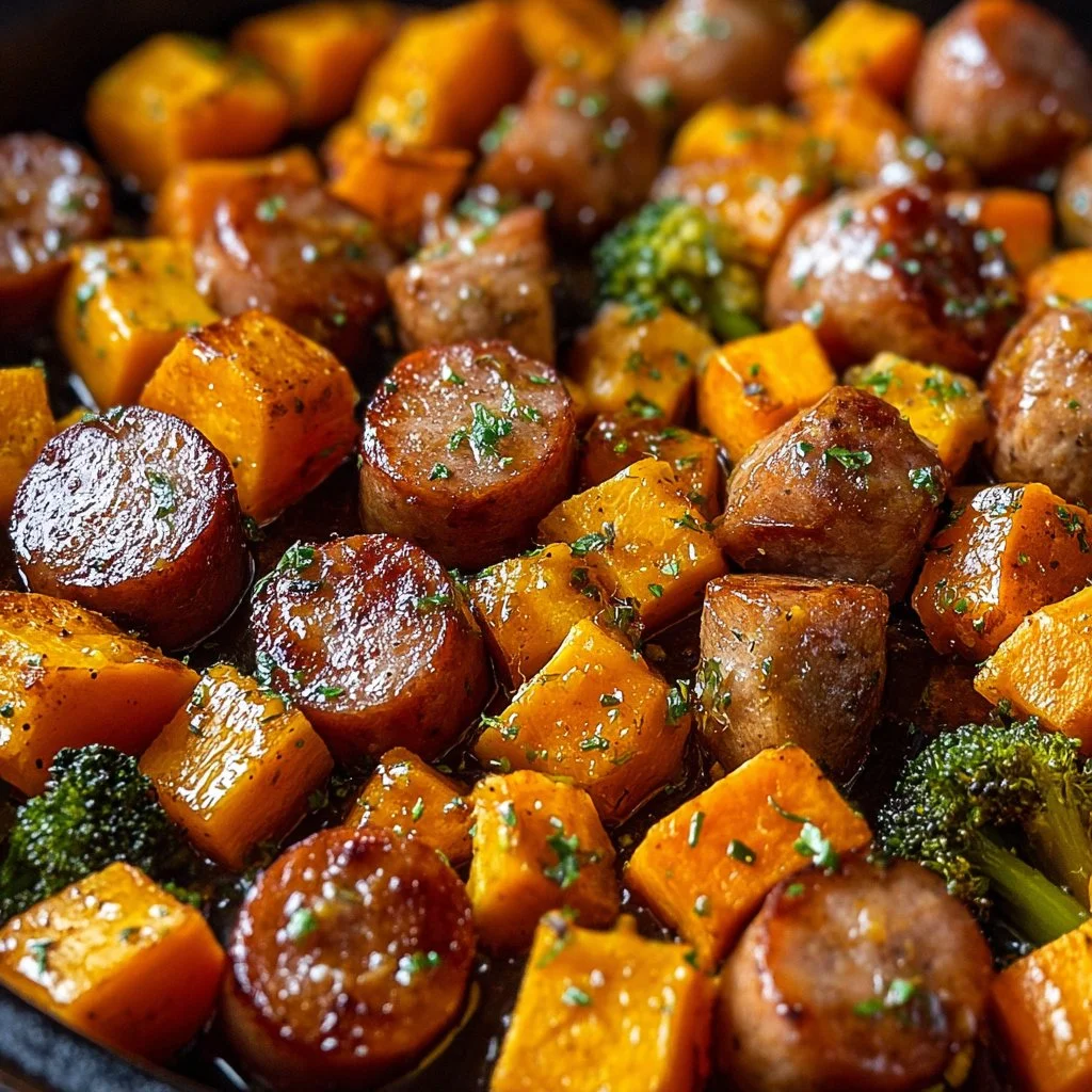 Sheet Pan Sausage and Sweet Potatoes with Honey Garlic Sauce