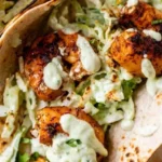 Delicious shrimp tacos served with fresh toppings and lime wedges.