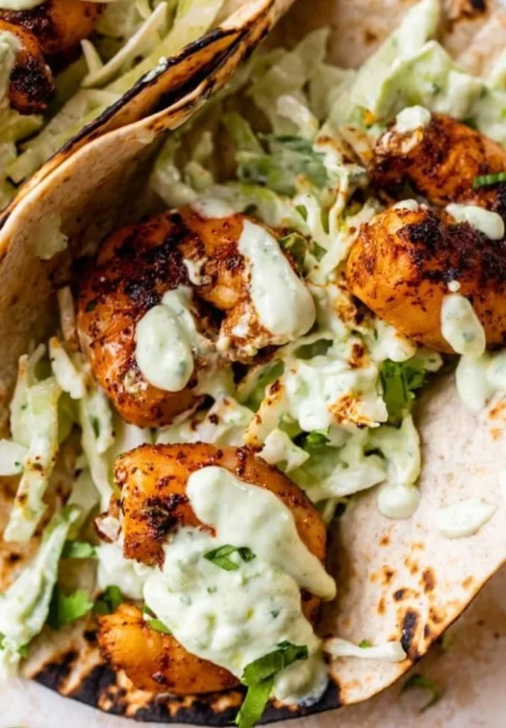 Delicious shrimp tacos served with fresh toppings and lime wedges.