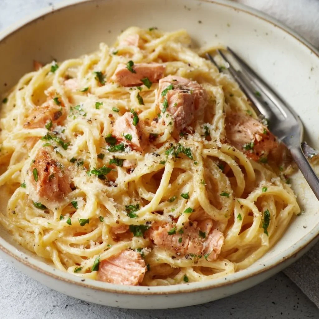 Delicious plate of smoked salmon carbonara with creamy sauce and pasta