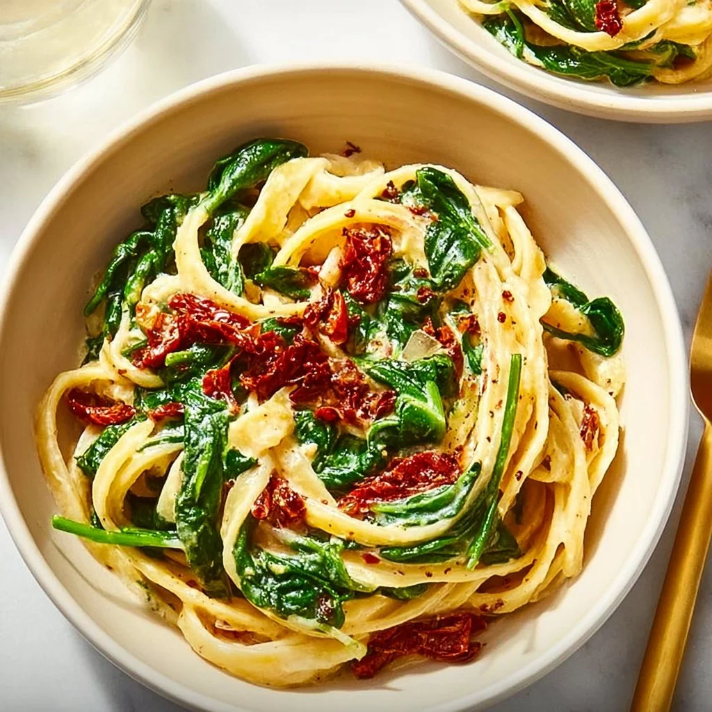 Spicy Spinach and Sun Dried Tomato Pasta dish with vibrant colors