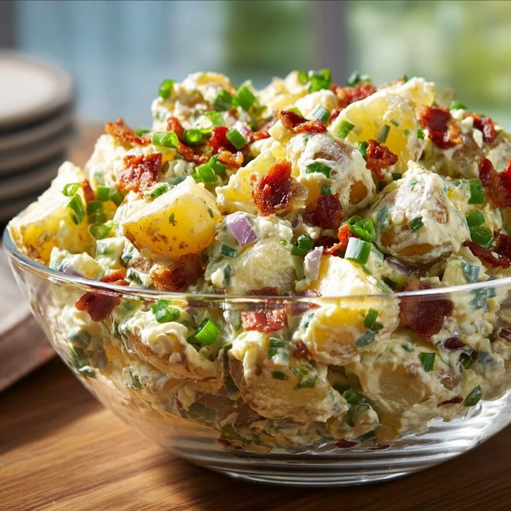 Steakhouse potato salad served in a bowl with fresh herbs and spices