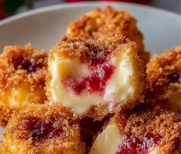 Delicious strawberry crunch cheesecake bites on a plate