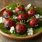 Close-up of a Strawberry Ladybug on a green leaf in a garden setting