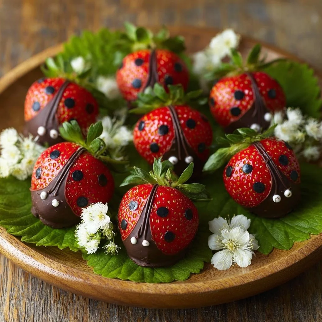 Close-up of a Strawberry Ladybug on a green leaf in a garden setting