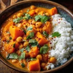 Bowl of Sweet Potato and Chickpea Curry garnished with fresh herbs