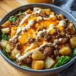 Delicious smash burger bowl topped with fresh ingredients and flavorful sauce