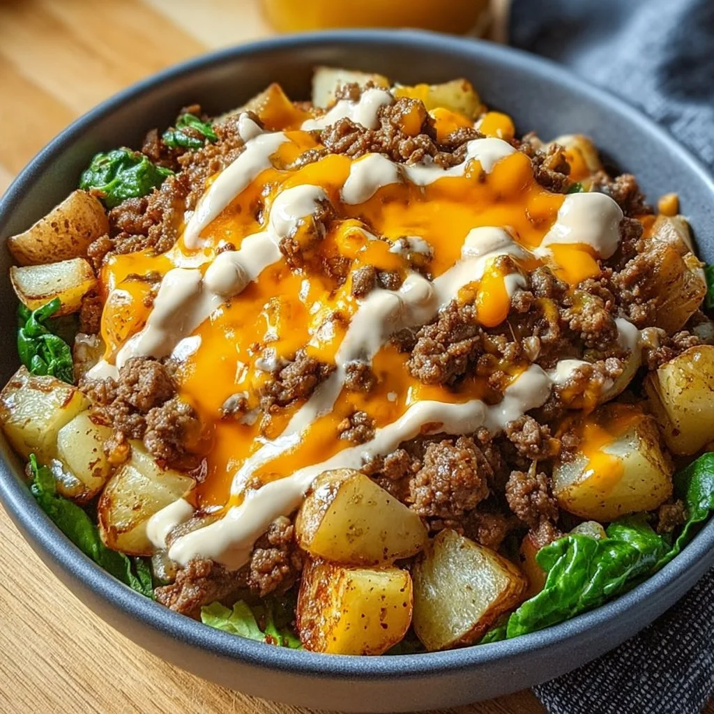 Delicious smash burger bowl topped with fresh ingredients and flavorful sauce