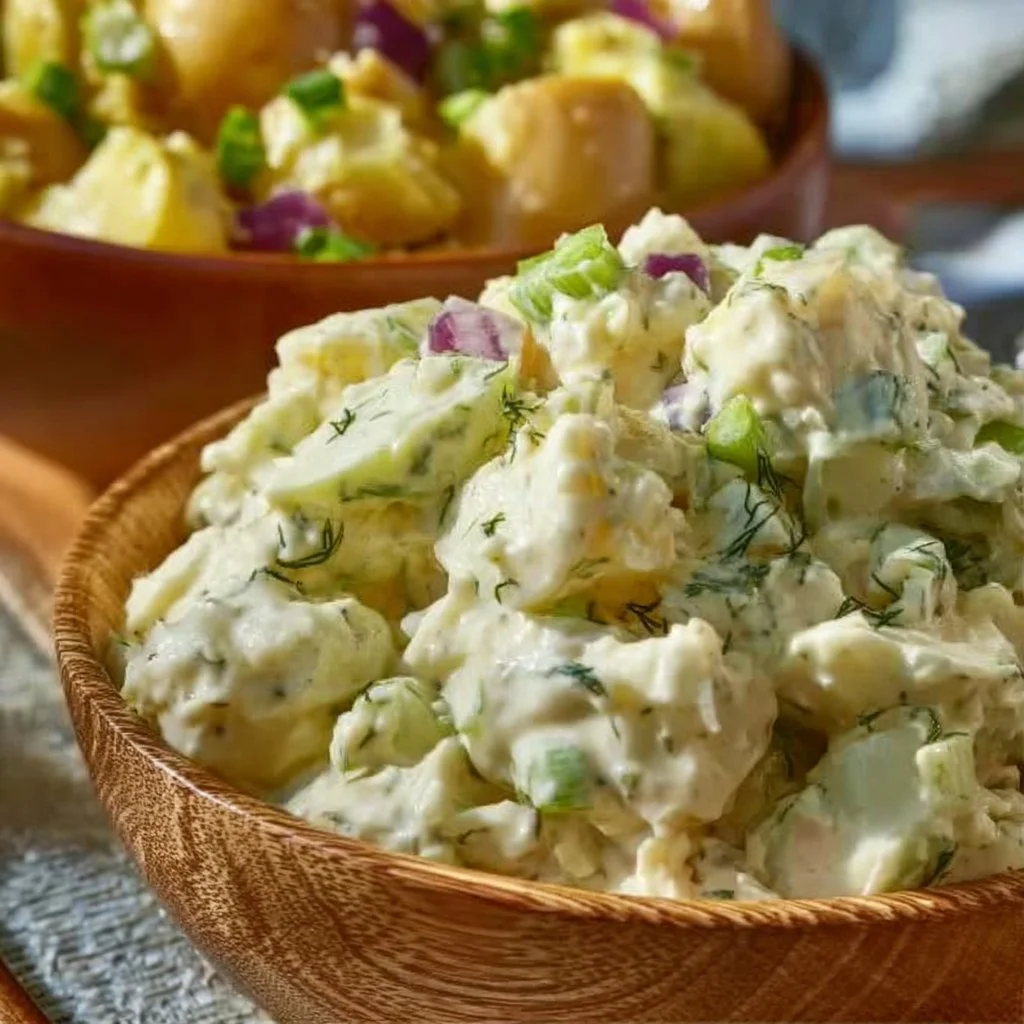 Dill Pickle Potato Salad served in a bowl, perfect for summer gatherings.