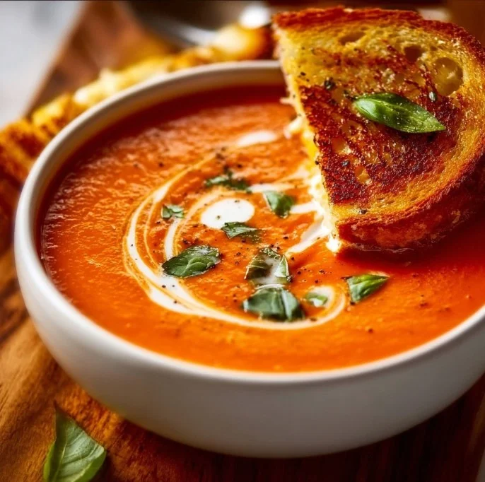 A bowl of creamy Tomato Bisque soup garnished with fresh herbs.