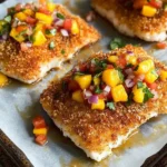 Tropical coconut crusted fish served with vibrant mango salsa on a plate.