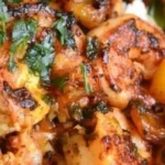 Delicious Tropical Shrimp Rice Bowl garnished with fresh ingredients